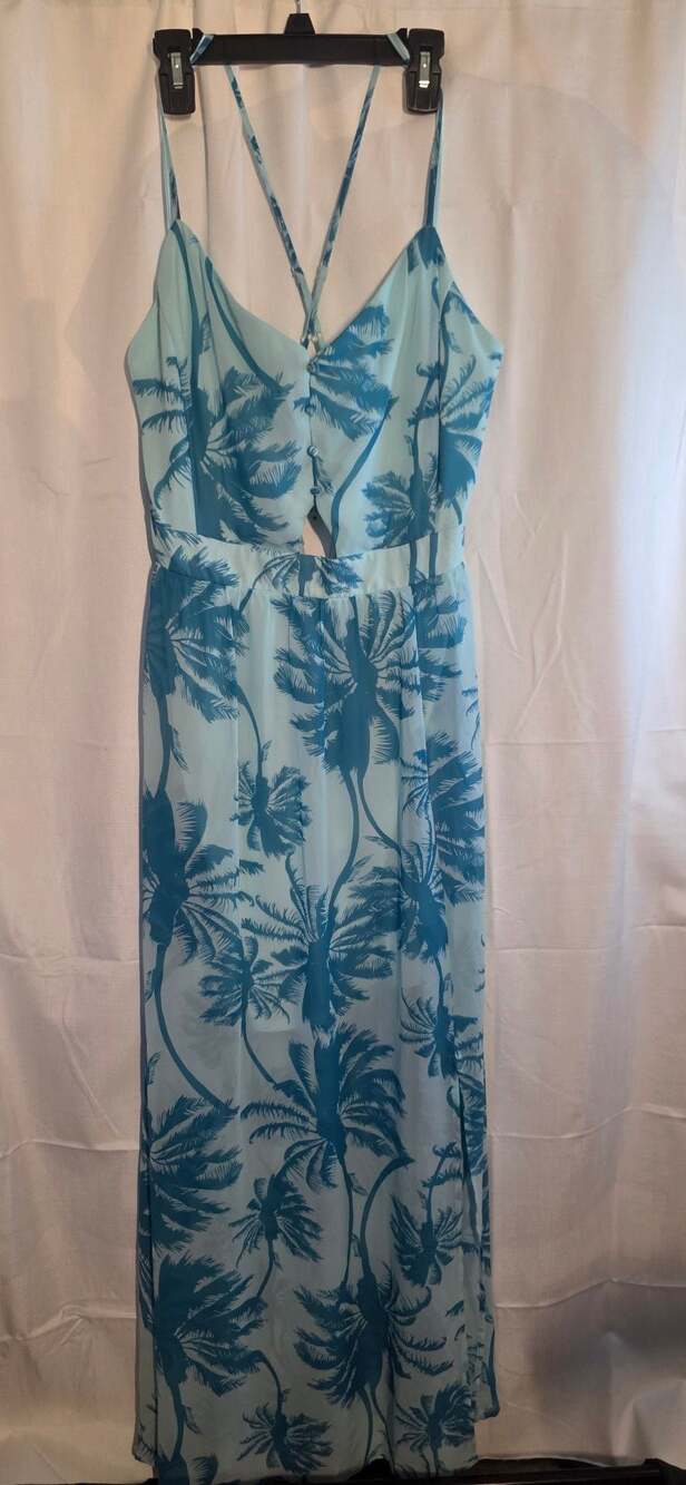 Candie's Tropical Palm Tree Print Chiffon Maxi Dress with Crisscross Back xxl